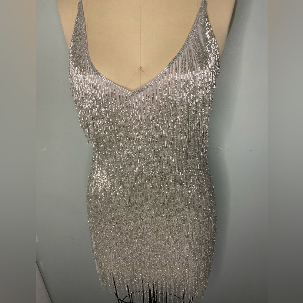 Hand beaded silver fringe tassel dress